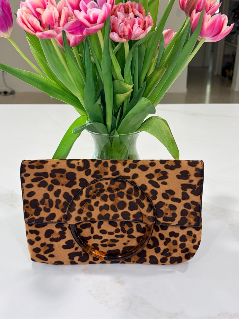 BP Leopard Print Clutch with Tortoiseshell Ring Handle
